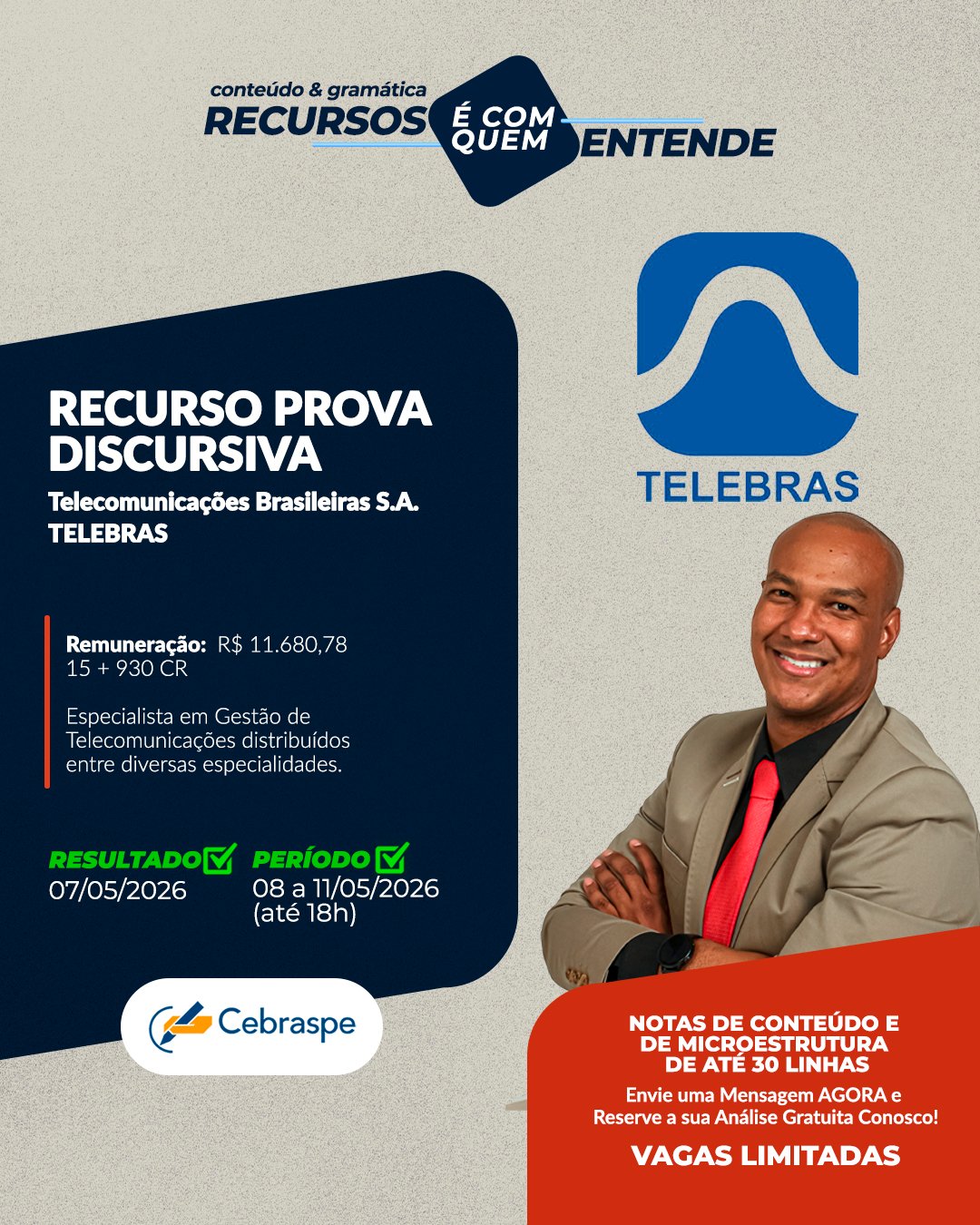 Recurso Cebraspe TELEBRAS - Dias 07/5/2026 e 08 a 11/05/2026 (até 18h)