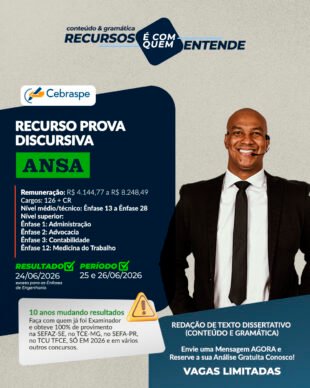 Garanta sua vaga na Araucária Nitrogenados. Análise gratuita de recurso para a redação do Cebraspe (ANSA 2026). Vagas limitadas, fale com o especialista!