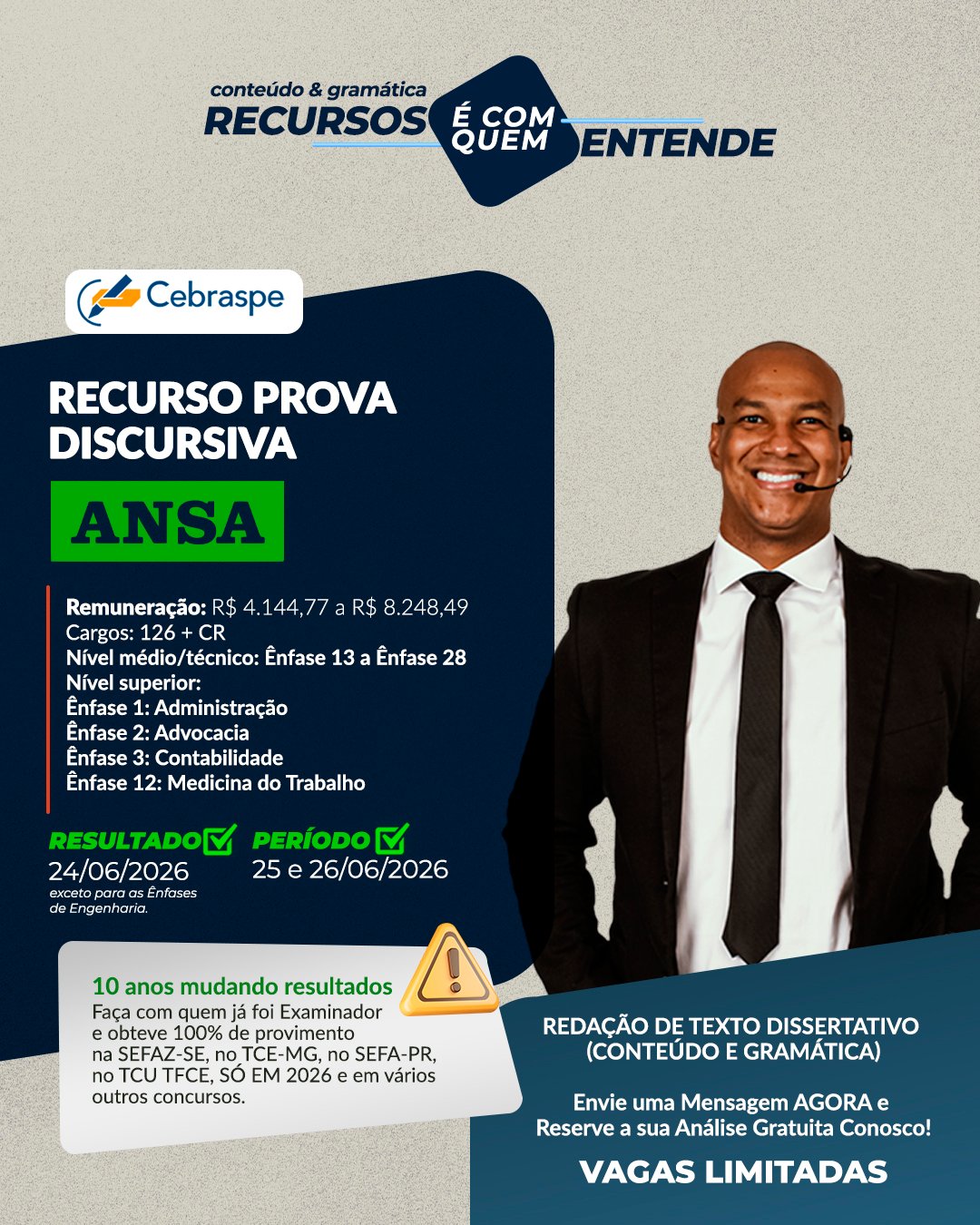 Garanta sua vaga na Araucária Nitrogenados. Análise gratuita de recurso para a redação do Cebraspe (ANSA 2026). Vagas limitadas, fale com o especialista!