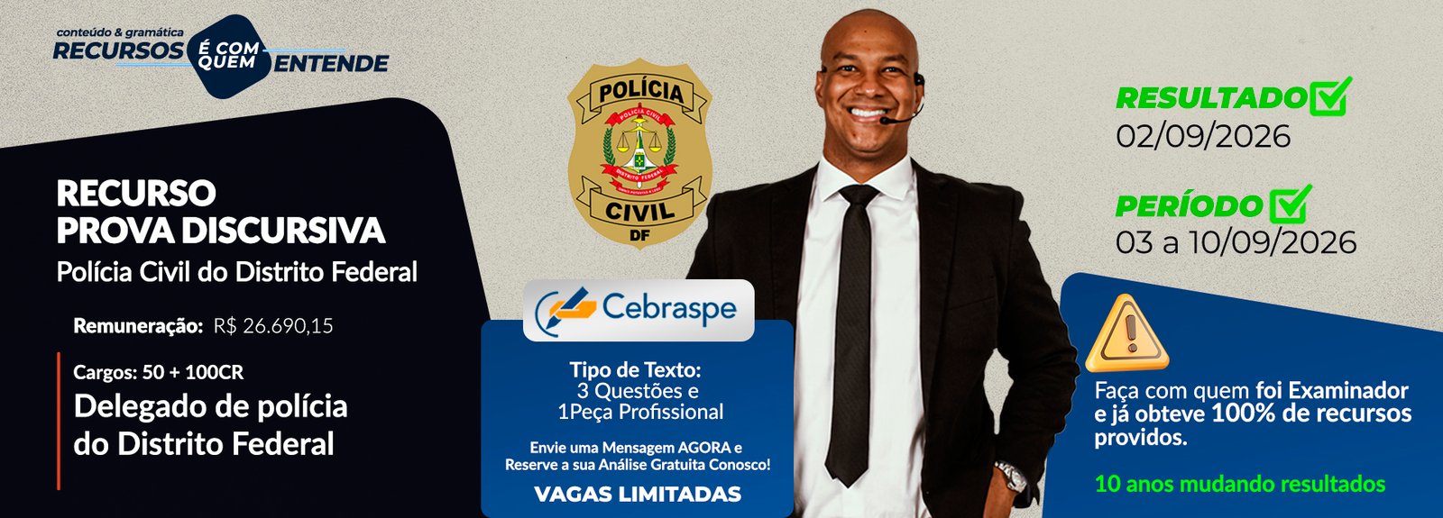 Foi eliminado na discursiva de Delegado PCDF com NPD < 36? Recurso técnico para as 3 questões e peça profissional com ex-examinador Cebraspe. Análise gratuita!