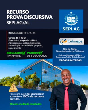 recurso prova discursiva SEPLAG AL Palavras-chave secundárias: recurso dissertação SEPLAG AL 2026, análise gratuita recurso Cebraspe, recurso prova discursiva especialista gestão pública Alagoas