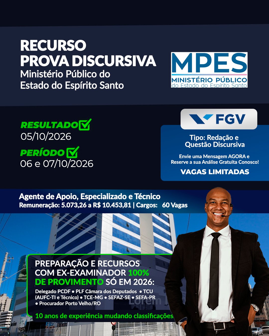 Garanta sua análise gratuita para recurso da discursiva e redação do MP-ES (FGV). Atuação técnica conduzida por ex-examinador de banca. Vagas limitadas.